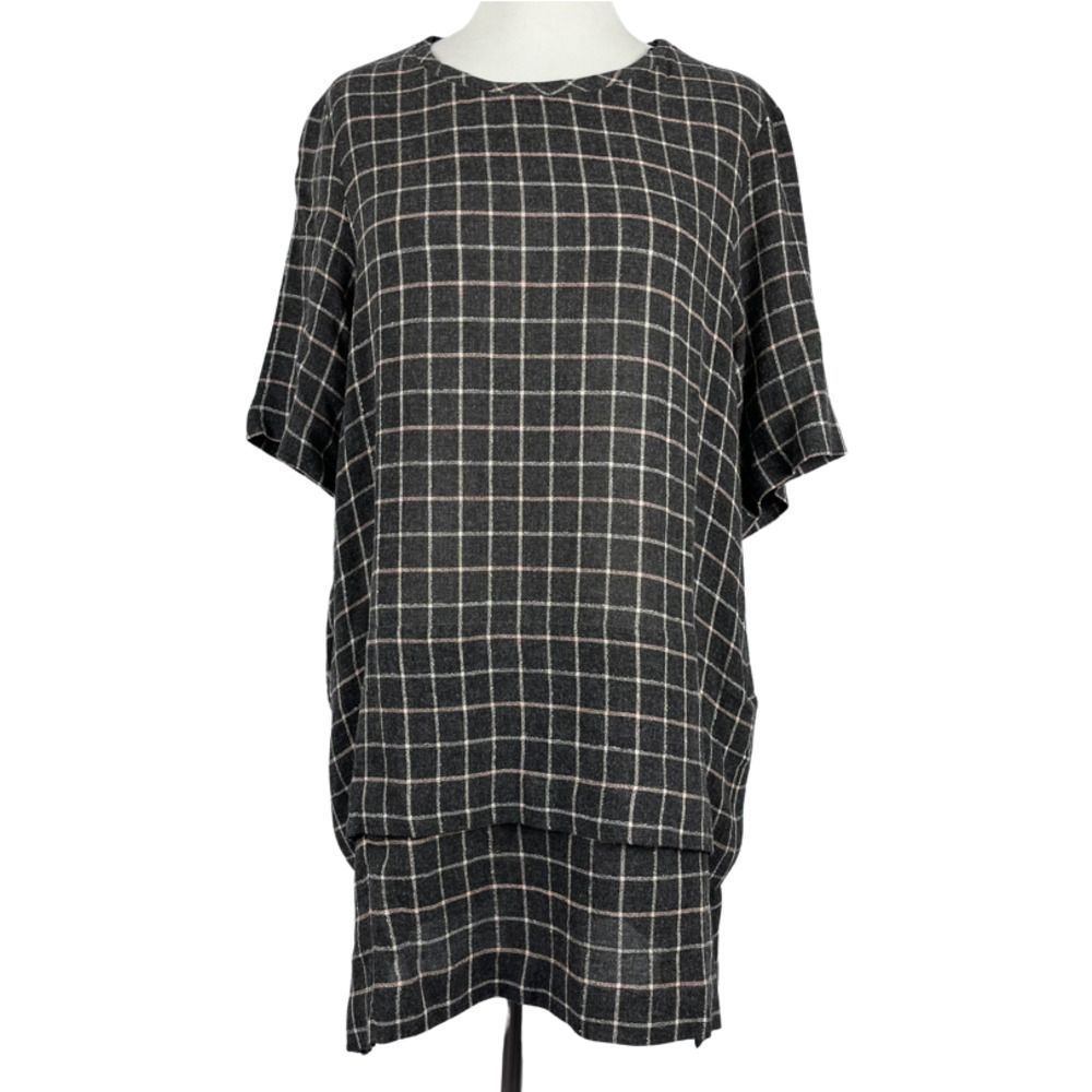 ZARA Woman gray plaid tunic short sleeve shirt dress wool blend size Small
